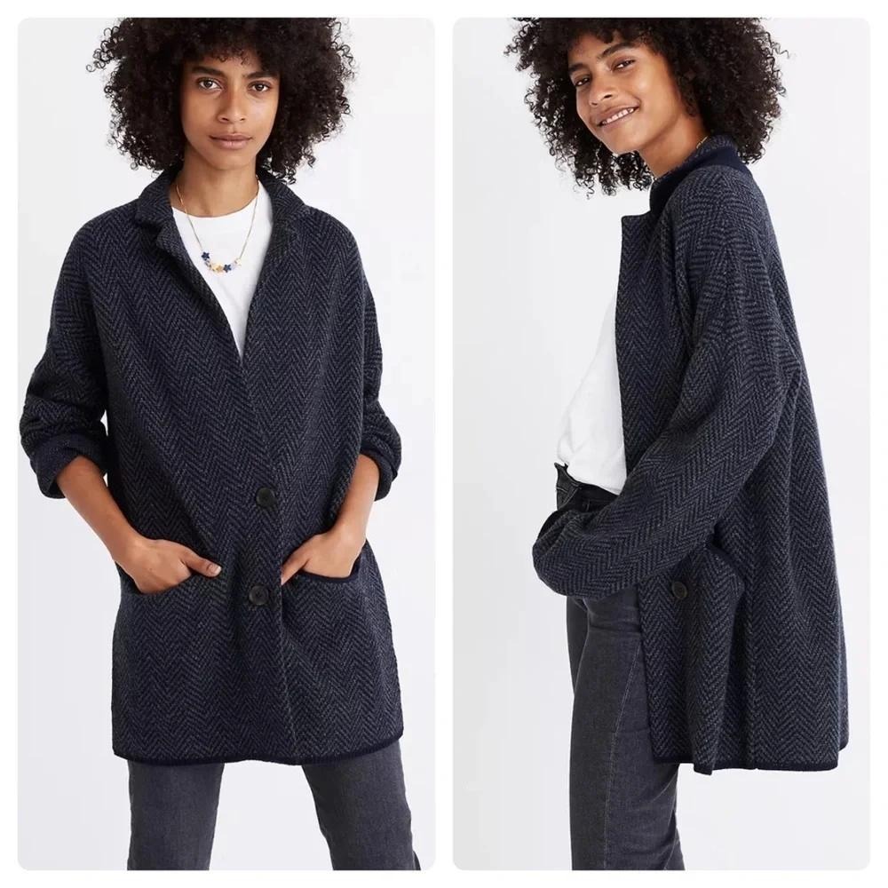 Madewell Blazer Sweater Jacket Blue Herringbone Merino Wool Knit Coatigan Office
